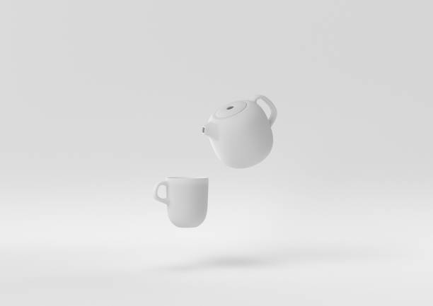 istock White Teapot and cups floating in white background. minimal concept idea creative. monochrome. 3D render. 1309387248