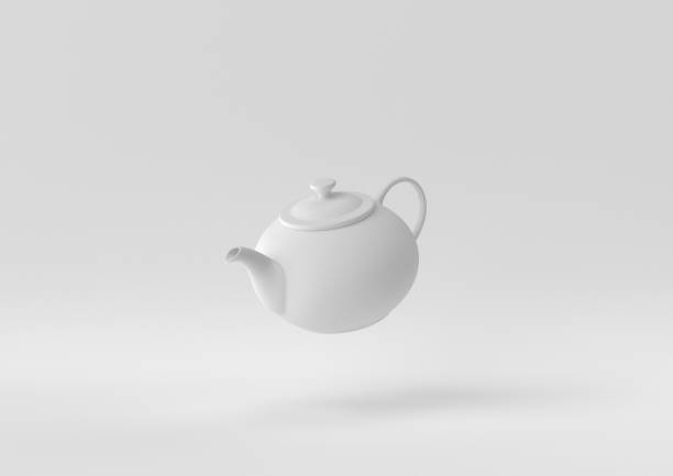 teiera bianca che galleggia su sfondo bianco. idea concettuale minima creativa. monocromatica. rendering 3d. - chinese tea teapot isolated tea foto e immagini stock