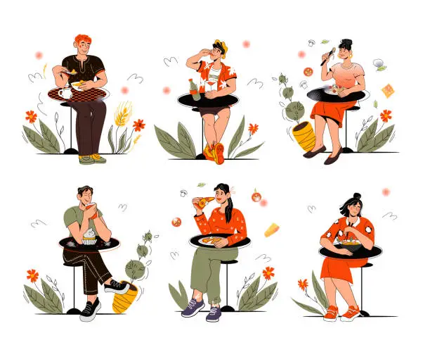 Vector illustration of Set of isolated characters of people sitting at table and eating various food, vector illustration isolated.