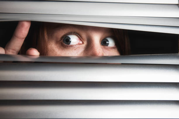 istock Young woman's eyes peering anxiously through window blinds 1309390373
