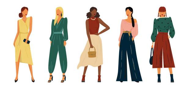 Fashion models in design clothes vector hand drawn illustration. Woman in stylish dress set of characters. Mannequins in fashion outfit Fashion models in design clothes vector hand drawn illustration. Woman in stylish dress set of characters. Mannequins in fashion outfit. womens fashion stock illustrations