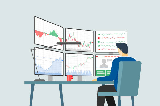 börsenhändler am arbeitsplatz, der mehrere computerbildschirme mit finanzdiagrammen, diagrammen und grafiken betrachtet. business index analysekonzept. broker-börsenhandel vektor-illustration - börsenhändler stock-grafiken, -clipart, -cartoons und -symbole