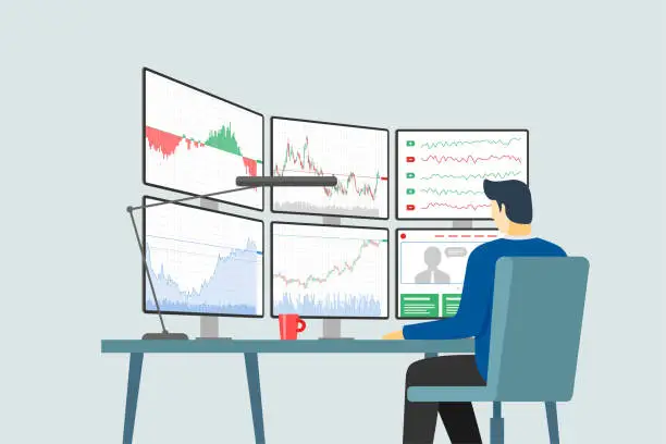 Vector illustration of Stock market trader at workplace looking at multiple computer screens with financial charts, diagrams and graphs. Business index analysis concept. Broker exchange trading vector illustration