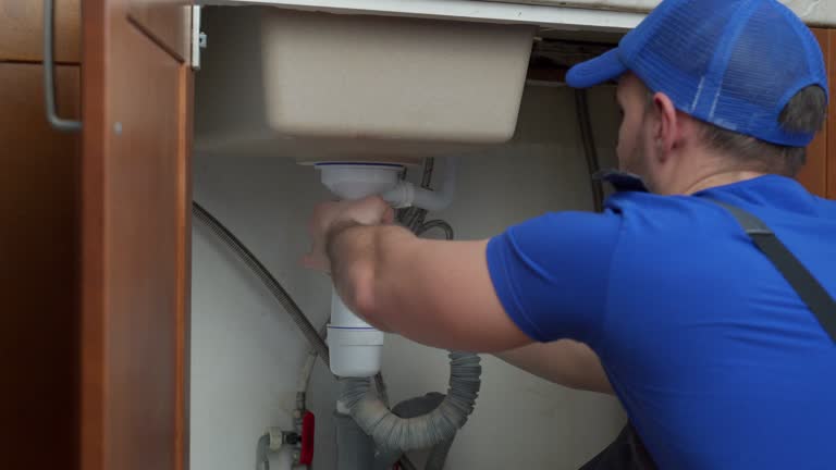 Young repairman with tools in his hands and a blue cap is fixing the sink in the kitchen