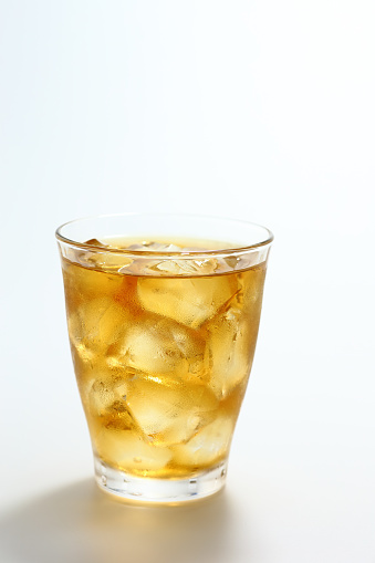 Glass of iced tea on white background