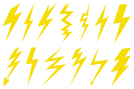 Group of different lightning bolts isolated on white