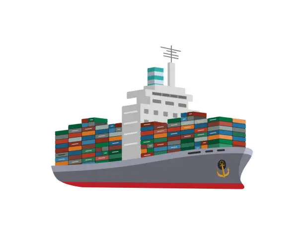 Vector illustration of Dry cargo container ship isolated on white background. Flat cartoon style