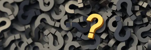 Yellow question mark on a background of black signs, FAQ Concept. 3D Rendering