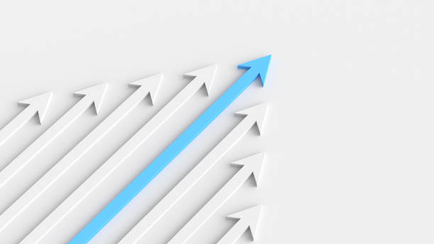 istock Leadership concept, blue leader arrow leading white arrows, on white background with empty copy space on right side 1309397868