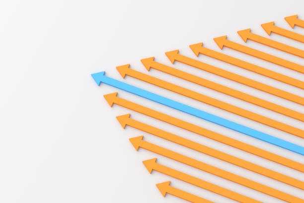 Leadership concept, blue leader arrow leading orange arrows, on white background. 3D Rendering