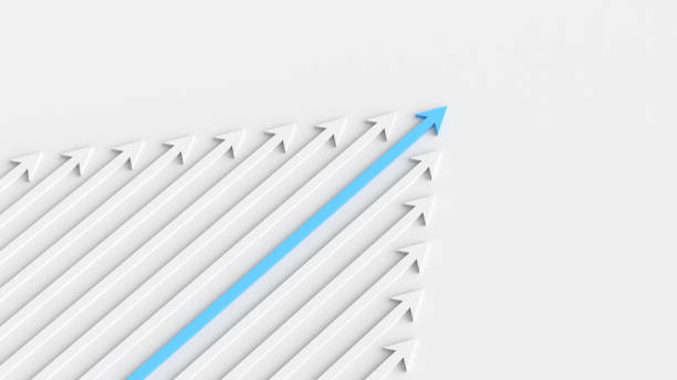 istock Leadership concept, blue leader arrow leading white arrows, on white background with empty copy space on right side 1309397987