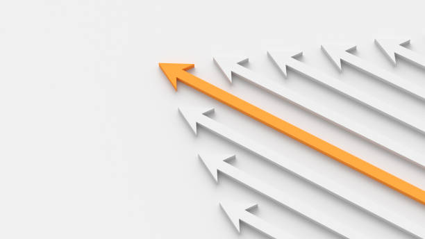 istock Leadership concept, orange leader arrow leading white arrows, on white background with empty copy space on left side 1309398018