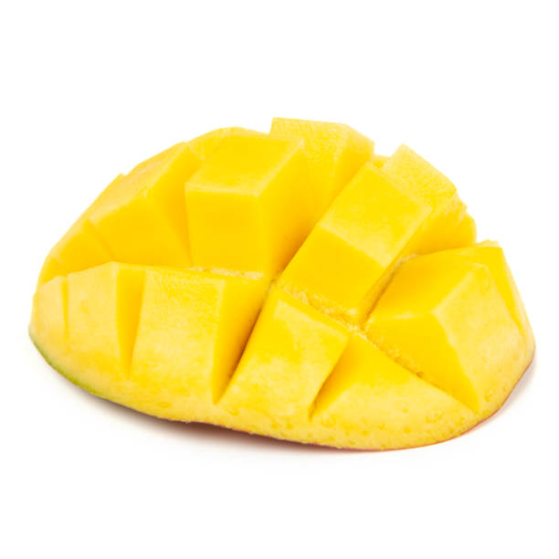 istock Closeup ripe mango fruit slice with green leaves isolated on white 1309400363