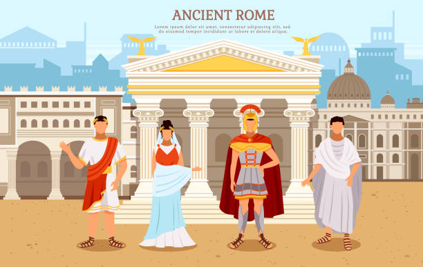 ilustrações, clipart, desenhos animados e ícones de pôster plano de roma antiga com homem e mulher em trajes tradicionais ilustração vetorial - roman city