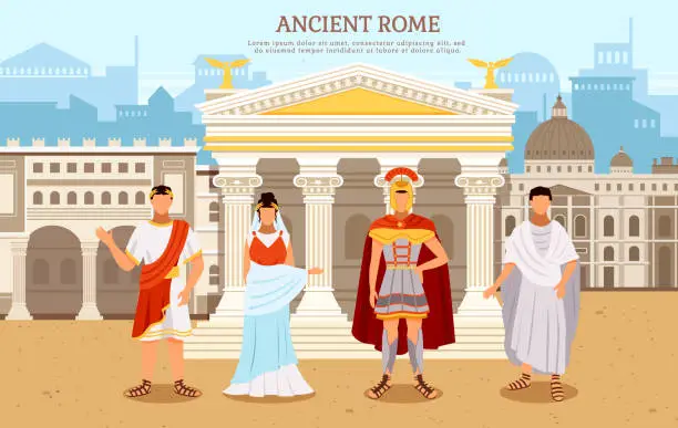 Vector illustration of Ancient rome flat poster with person man and woman in traditional costumes vector illustration