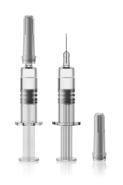 Pre-filled disposable single use syringe isolated in white background. 3D rendering illustration.