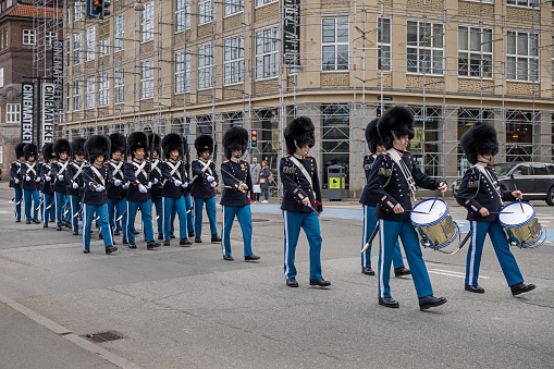 Berlin (West), Germany, 1965. British military marching band with Scottish bagpipers on Allied Forces Day in Berlin West. Also: spectators and buildings.