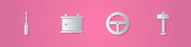 Vector illustration of Set paper cut Screwdriver, Car battery, Steering wheel and Hammer icon. Paper art style. Vector