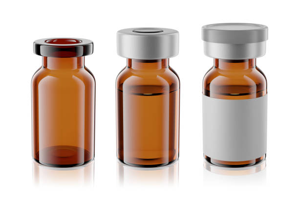 istock Vaccine brown glass injection vials set isolated. 3d rendering mockup. 1309402730