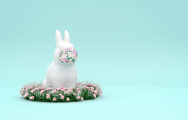 istock Happy easter eggs background with rabbit wearing face mask for prevent coronavirus. 1309403359