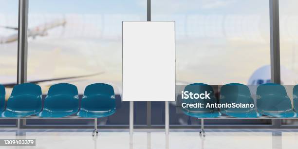 Mockup Of Airport Information Screen With Seats Stock Photo - Download Image Now - Advertisement, Advice, Air Vehicle