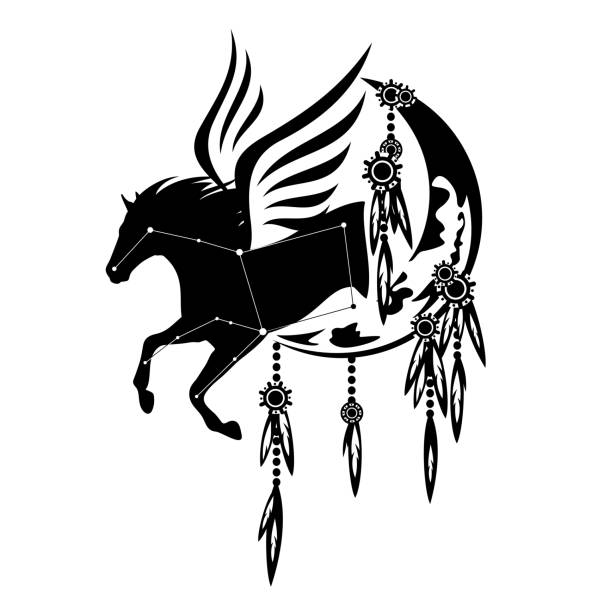ilustraciones, imágenes clip art, dibujos animados e iconos de stock de diseño vectorial en blanco y negro de la luna media luna y pegasus constelación de caballos - mythology horse pegasus black and white