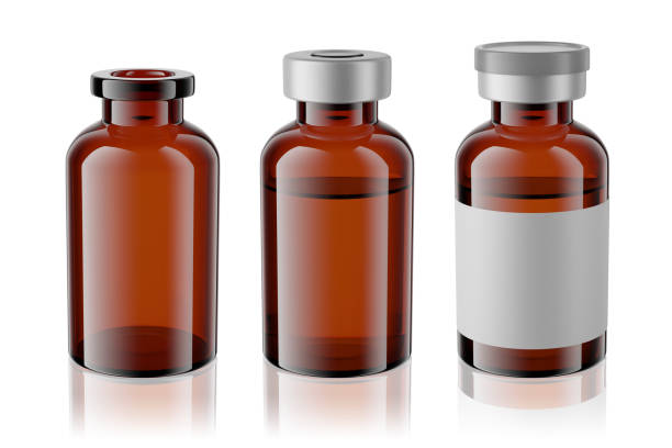 istock Vaccine brown glass injection vials set isolated. 3d rendering mockup. 1309406314