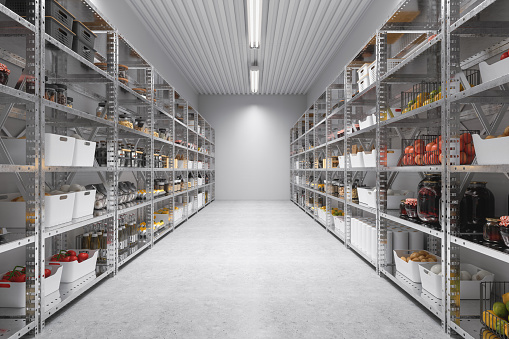 Storage Room Of A Restaurant Or A Cafe With Nonperishable Food Staples, Preserved Foods, Healthy Eating, Fruits And Vegetables.