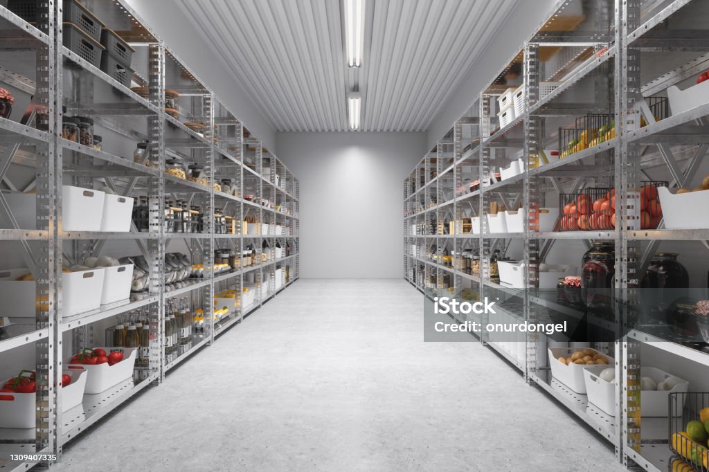 Storage Room Of A Restaurant Or A Cafe With Nonperishable Food Staples, Preserved Foods, Healthy Eating, Fruits And Vegetables. Warehouse Stock Photo