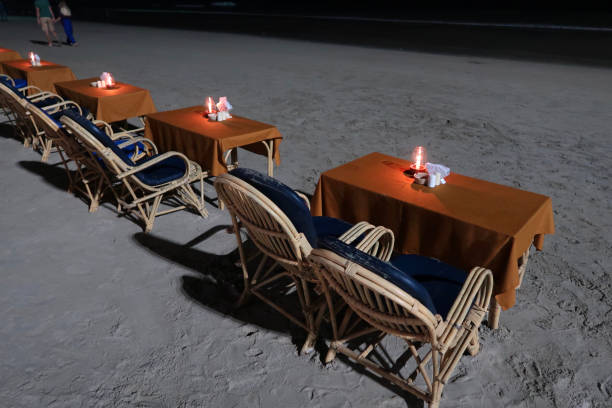 istock Night-time image of restaurant table and chairs ready for alfresco dining with beach view, overlooking Palolem Beach and Arabian Sea, Goa, South India 1309408436