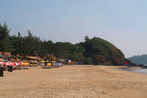 Stock photo of Indian tropical beach for winter holiday abroad with tourists sunbathing, walking on beach sand, swimming in sea, coastline view with exotic tall coconut palm trees, holidaymakers on vacation with blue sky background at Cola Beach, Goa, India