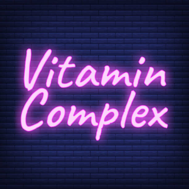 Vitamin Complex Label and Icon glow neon style vector Illustration, isolated on wall background Vitamin Complex Label and Icon glow neon style vector Illustration, isolated on wall background. vitamin c chemical formula stock illustrations
