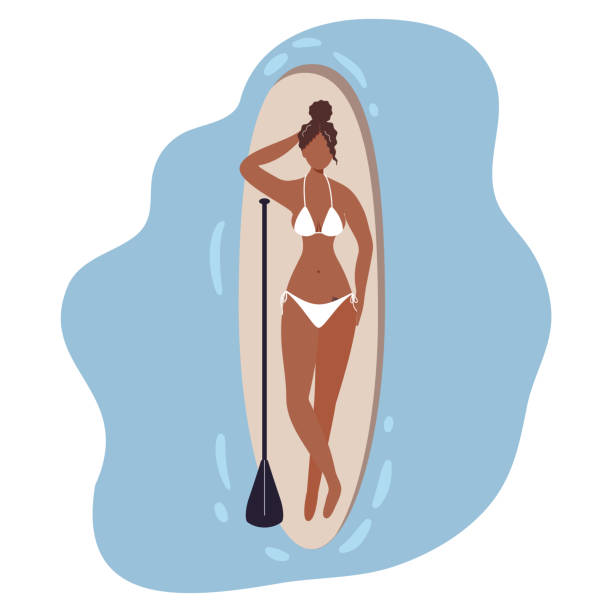 Cute african girl dressed in white swimwear lying on surfboard next to paddle on sea background Cute african girl dressed in white swimwear lying on surfboard next to paddle on sea background. Beautiful black woman sunbathing in summer vibes. Vacation at seaside resort. Flat vector illustration sunning butterfly stock illustrations