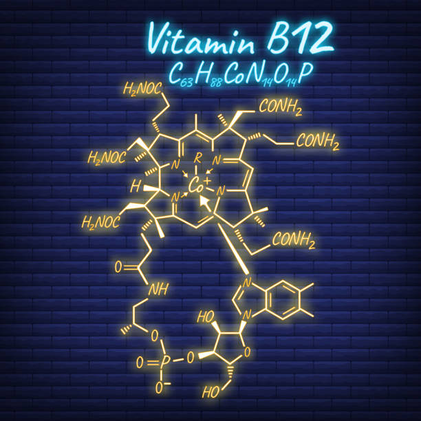 Vitamin B12 Label and Icon glow neon style. Vector Illustration isolated on wall background. Chemical Formula and Structure Logo Vitamin B12 Label and Icon glow neon style. Vector Illustration isolated on wall background. Chemical Formula and Structure Logo. vitamin c chemical formula stock illustrations