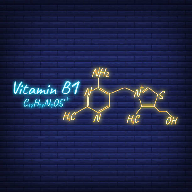 Vitamin B1 Label and Icon glow neon style. Vector Illustration isolated on wall background. Chemical Formula and Structure Logo Vitamin B1 Label and Icon glow neon style. Vector Illustration isolated on wall background. Chemical Formula and Structure Logo. vitamin c chemical formula stock illustrations