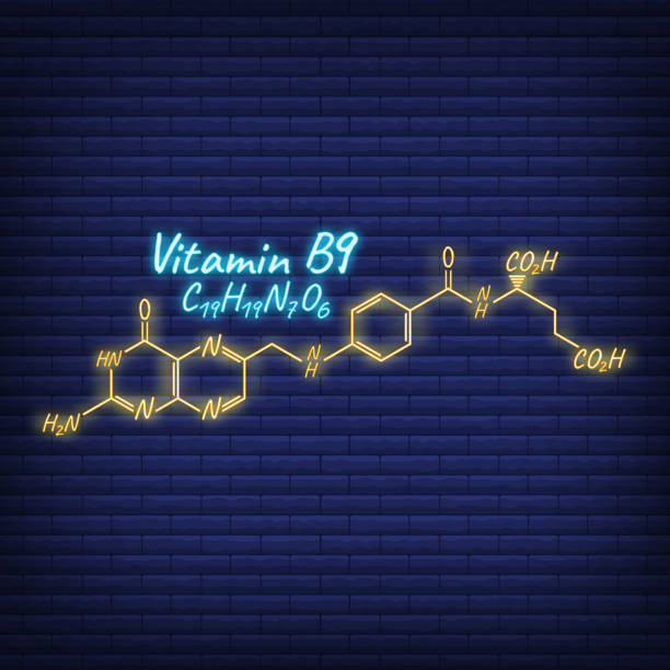 Vitamin B9 Label and Icon glow neon style. Vector Illustration isolated on wall background. Chemical Formula and Structure Logo Vitamin B9 Label and Icon glow neon style. Vector Illustration isolated on wall background. Chemical Formula and Structure Logo. vitamin c chemical formula stock illustrations