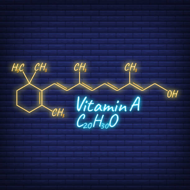 Vitamin A Label and Icon glow neon style. Vector Illustration isolated on wall background. Chemical Formula and Structure Logo Vitamin A Label and Icon glow neon style. Vector Illustration isolated on wall background. Chemical Formula and Structure Logo. vitamin c chemical formula stock illustrations