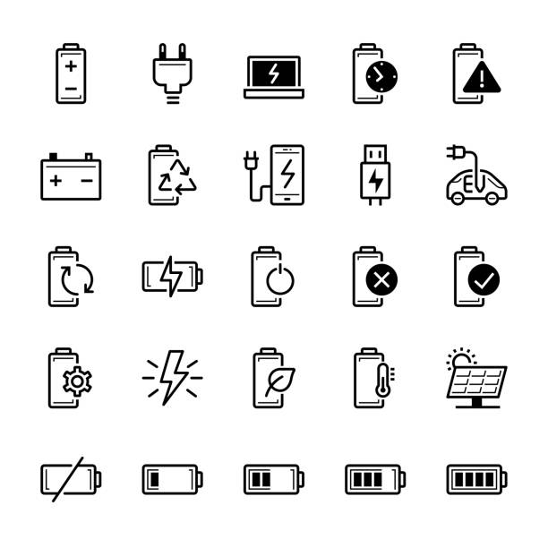 Battery icons Battery and power icons, charging icon, pixel perfect icons, vector illustration. mobile phone charger stock illustrations