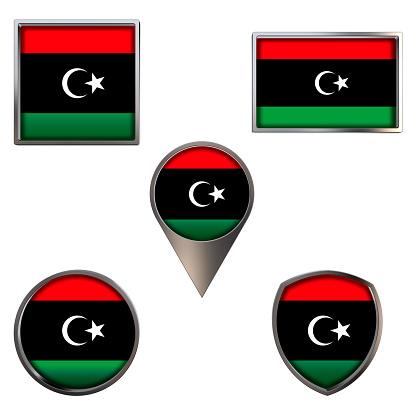 Various flags of the State of Libya. Realistic national flag in point circle square rectangle and shield metallic icon set. Patriotic 3d rendering symbols isolated on white background.