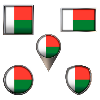 Various flags of the Republic of Madagascar. Realistic national flag in point circle square rectangle and shield metallic icon set. Patriotic 3d rendering symbols isolated on white background.