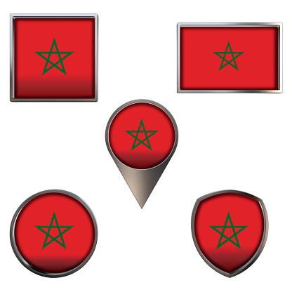 Various flags of the Kingdom of Morocco. Realistic national flag in point circle square rectangle and shield metallic icon set. Patriotic 3d rendering symbols isolated on white background.