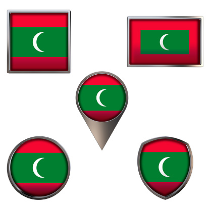 Various flags of the Republic of Maldives. Realistic national flag in point circle square rectangle and shield metallic icon set. Patriotic 3d rendering symbols isolated on white background.