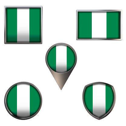 Various flags of the Federal Republic of Nigeria. Realistic national flag in point circle square rectangle and shield metallic icon set. Patriotic 3d rendering symbols isolated on white background.