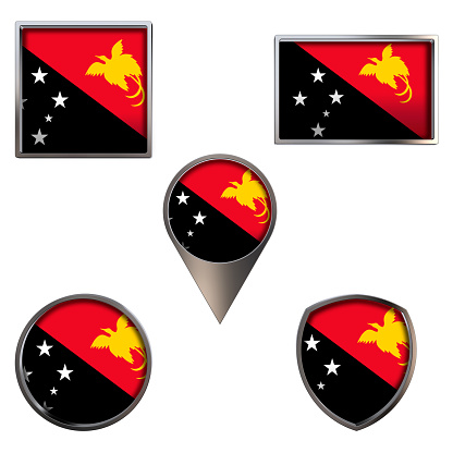 Various flags of the Independent State of Papua New Guinea. Realistic national flag in point circle square rectangle and shield metallic icon set. Patriotic 3d rendering symbols isolated on white background.