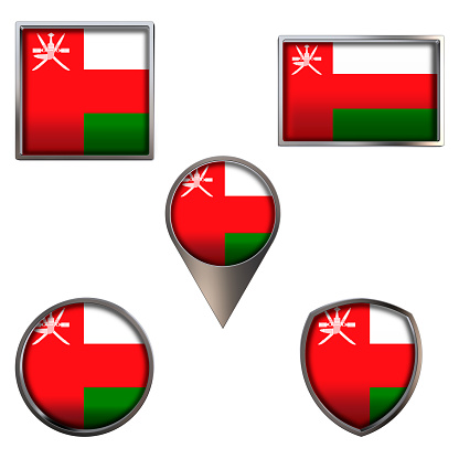 Various flags of the Sultanate of Oman. Realistic national flag in point circle square rectangle and shield metallic icon set. Patriotic 3d rendering symbols isolated on white background.