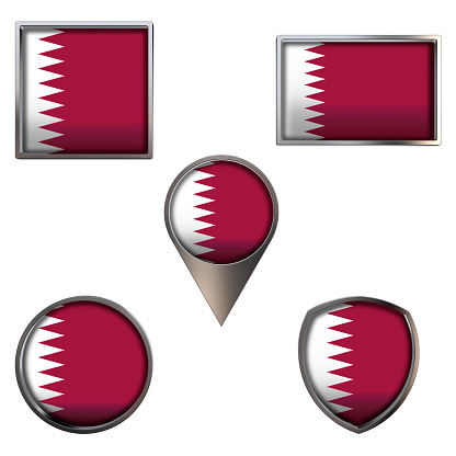 Various flags of the State of Qatar. Realistic national flag in point circle square rectangle and shield metallic icon set. Patriotic 3d rendering symbols isolated on white background.
