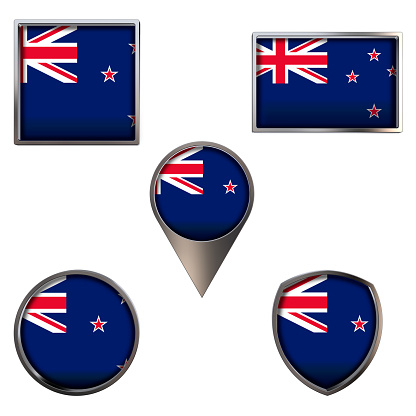 Various flags of the New Zealand. Realistic national flag in point circle square rectangle and shield metallic icon set. Patriotic 3d rendering symbols isolated on white background.