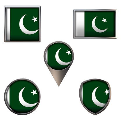 Various flags of the Republic of Pakistan. Realistic national flag in point circle square rectangle and shield metallic icon set. Patriotic 3d rendering symbols isolated on white background.