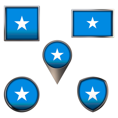 Various flags of the Federal Republic of Somalia. Realistic national flag in point circle square rectangle and shield metallic icon set. Patriotic 3d rendering symbols isolated on white background.