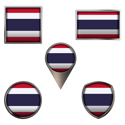 Various flags of the Kingdom of Thailand. Realistic national flag in point circle square rectangle and shield metallic icon set. Patriotic 3d rendering symbols isolated on white background.